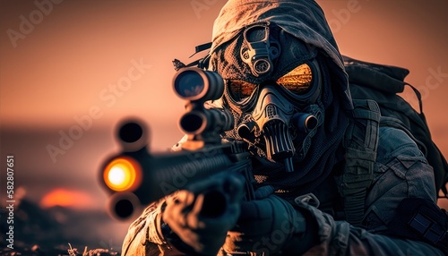 Soldier with skull mask and gun elite soldier in combat realistic. Fictional person created with generative AI