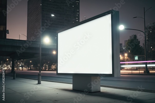Un panneau d'affichage vierge dans un environnement urbain. Idéal pour la publicité des produits. © MiniMaxi