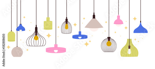 Hanging lamps banner. Home ceiling lamp with bulbs. Electric modern interior decor design, lights decorative vintage chandeliers retro racy vector background