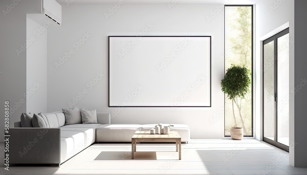 Fototapeta premium Une peinture maquette vierge, un cadre photo avec un style intérieur moderne. Idéal pour la publicité des produits.