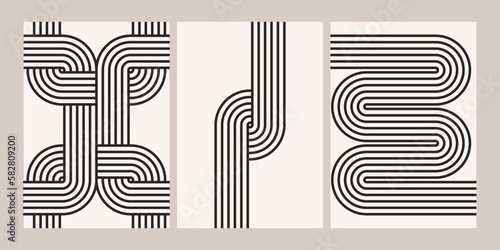 Geometric contemporary posters. Circle arch lines minimal boho background, retro simple art prints for decor. Vector set