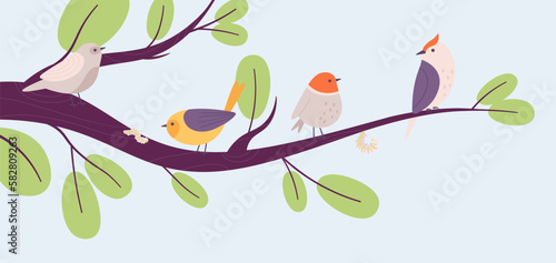 Flat birds on tree branch, bird and worm. Spring blooming, cute cartoon insects. Decorative nature banner, vector seasonal graphic