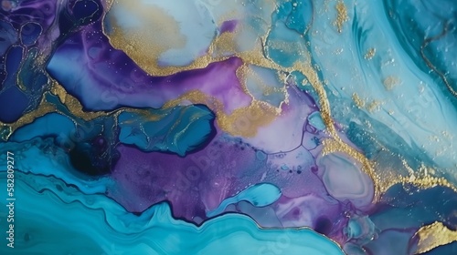 Abstract blue, violet and gold glitter color background. Marble texture. Alcohol ink colors Generative AI