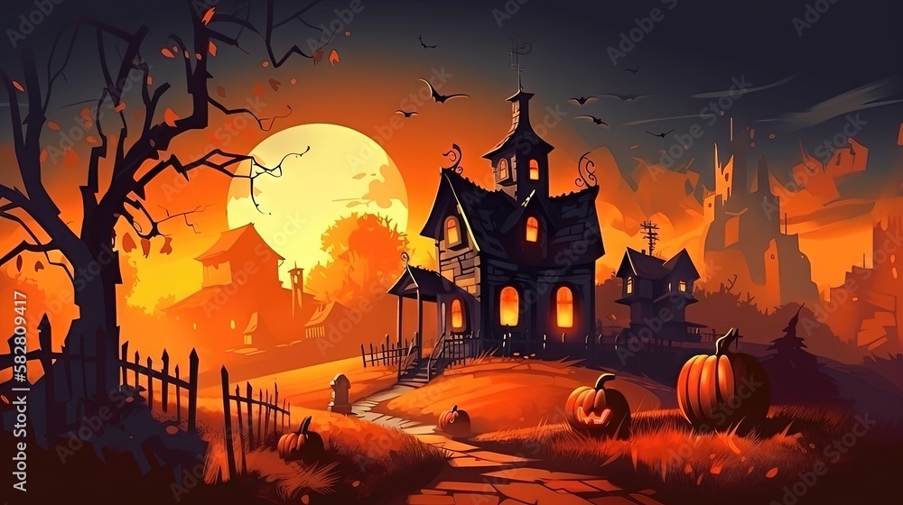 Un paysage d'halloween avec une maison effrayante et une ambiance effrayante.