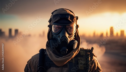 Soldier close-up face with mask and military equipment with daylight city in background. Fictional person created with generative AI