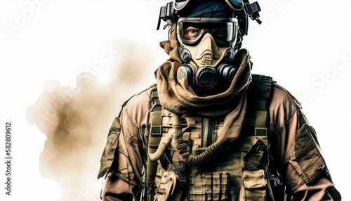 Soldier close-up face with mask and military equipment with smoke in background. Fictional person created with generative AI © Fernando