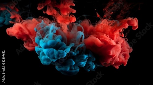 Acrylic blue and red colors in water. Ink blot. Abstract black background Generative AI