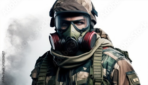 Soldier close-up face with mask and military equipment with smoke in background. Fictional person created with generative AI
