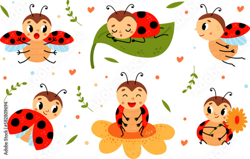 Cartoon funny ladybug. Red black dots beetle with wings. Cute insects characters on flower and leaf, ladybugs flying and sleeping, classy childish vector stickers