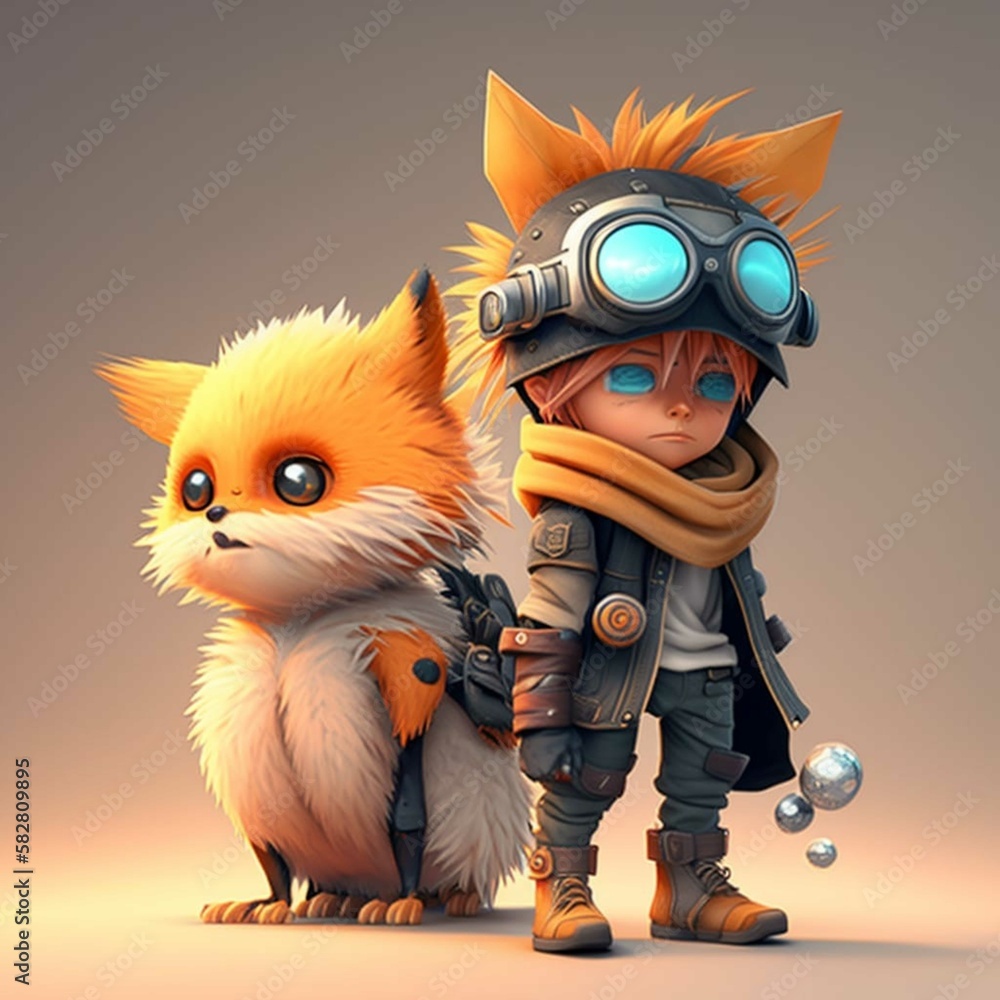 Fox with elf friend, adventurer, illustration, helmet with glasses, gray background. Generative AI