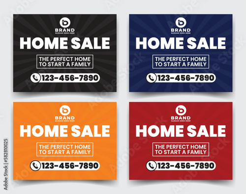 Home sale business real estate company ads, yard sign, signage design template for outdoor advertising multiple color version black, blue, red, orange vector