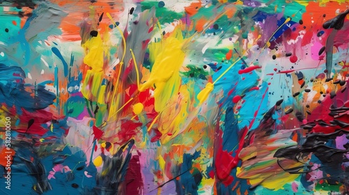 Messy, colorful, artistic paint brush strokes on canvas; colorful background Generative AI