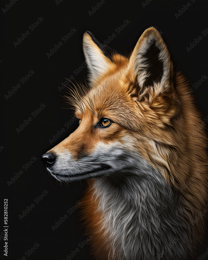 Fototapeta premium Generated portrait of a fox with bright yellow eyes on a contrasting black background 