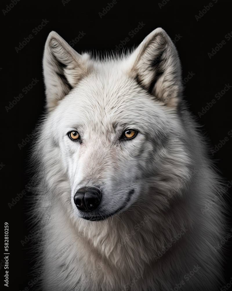 Generated portrait of a white wolf with bright yellow eyes on a contrasting black background Generated portrait of a white wolf with bright yellow eyes on a contrasting black background