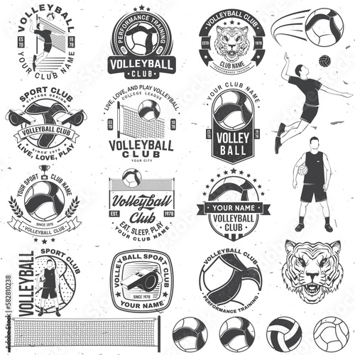 Set of Volleyball club badge, logo design. Vector illustration. For college league sport club, summer camp emblem, sign, logo. Vintage monochrome label, sticker, patch with volleyball ball, player and