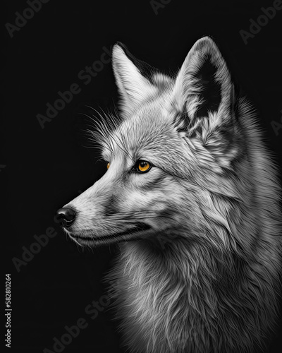 Generated portrait of a fox with bright yellow eyes on a contrasting black background in black and white format