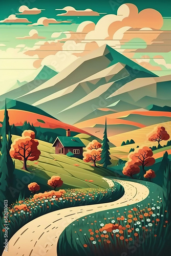 Summer landscape illustration with house, trees and hills, matte background, matte painting, wallpaper, 2d game art generated ai