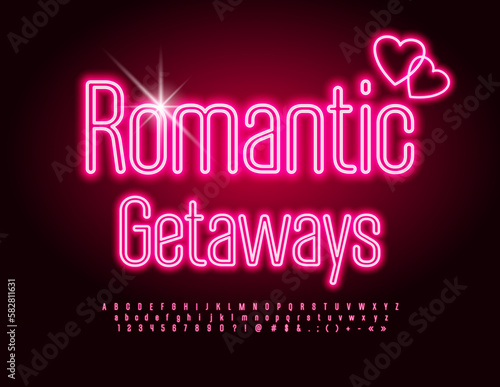 Vector bright Sign Romantic Getaways. Glowing Red Font. Neon Alphabet Letters and Numbers set