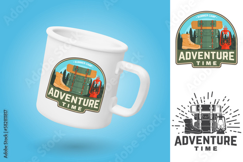 White camping cup. Realistic mug mockup template with sample design. Adventure time patch. Vector. Patch, sticker with hiking boot, lantern and backpack silhouette