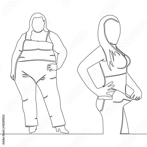 Continuous line drawing Loose Weight Woman Before And After Diet icon vector illustration concept