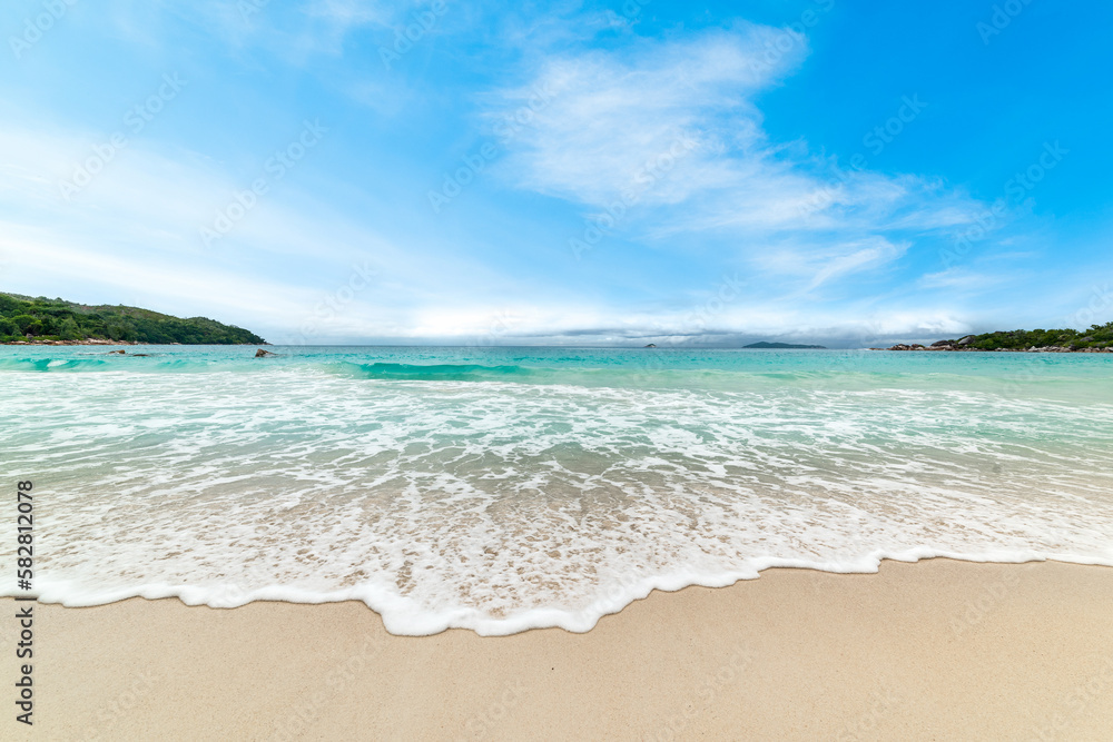 Turquoise water and white sand in Anse Lazio beach in Praslin island