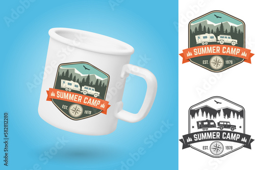 White camping cup. Realistic mug mockup template with sample design. Summer camp. Vector. Patch, sticker with camper trailer, forest and mountain silhouette.