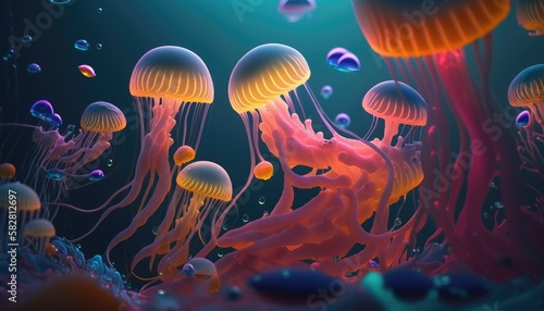 A group of glowing colorful jellyfish floating in a dark blue ocean, close up. Ocean animals. 