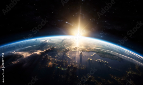 Sun setting on planet earth,  fantasy image taken from space.  Created with generative ai