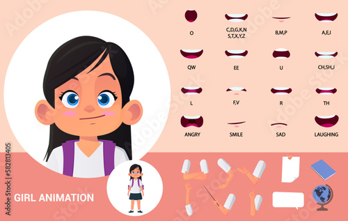 School Girl Character Lip Sync Mouth Animation and Hand Gestures