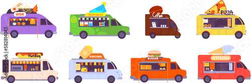 Catering trucks. Festival foodtruck, street cafe van food pushcart, burger pizza hotdog snack traditional restaurant on wheels coffee vehicle bar bus, splendid vector illustration