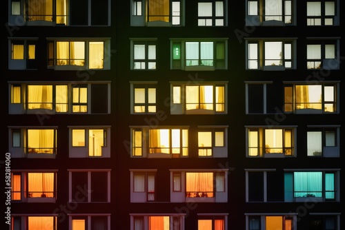 Into the Night: An Atmospheric Journey Through the Glowing Colored Windows of City Apartments, GENERATIVE AI