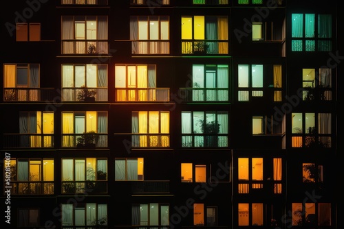 Into the Night: An Atmospheric Journey Through the Glowing Colored Windows of City Apartments, GENERATIVE AI