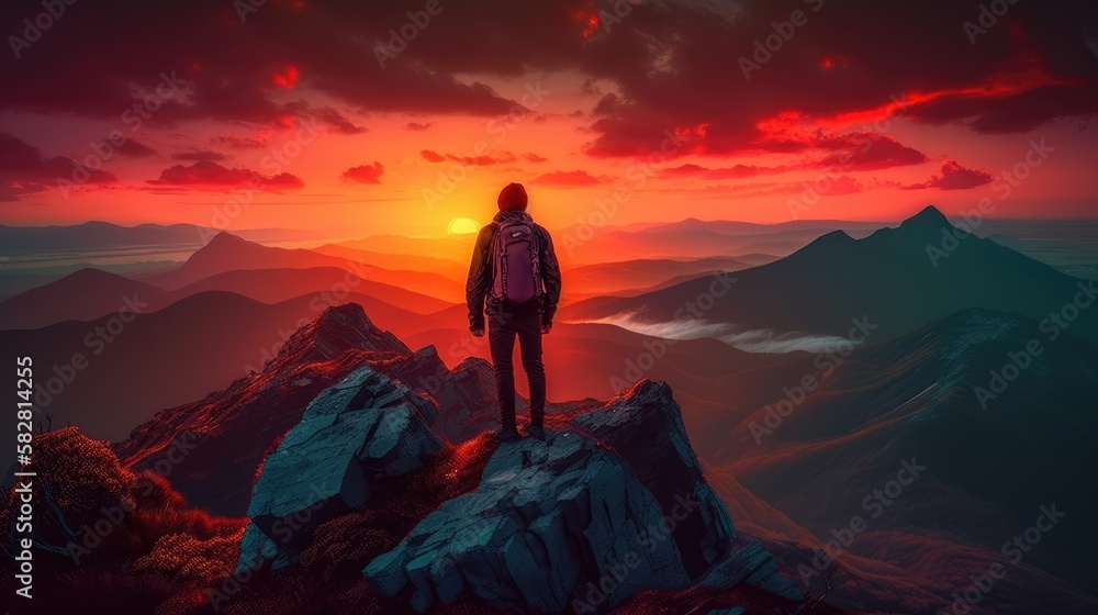 Fototapeta premium man standing on top of a mountain with a backpack on his back and a sunset in the background behind him, with a red sky and orange clouds and a red hued. Generative AI