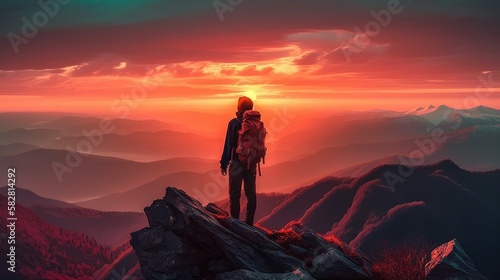 man standing on top of a mountain with a backpack on his back and a sunset in the background behind him, with a red sky and orange clouds and a red hued. Generative AI