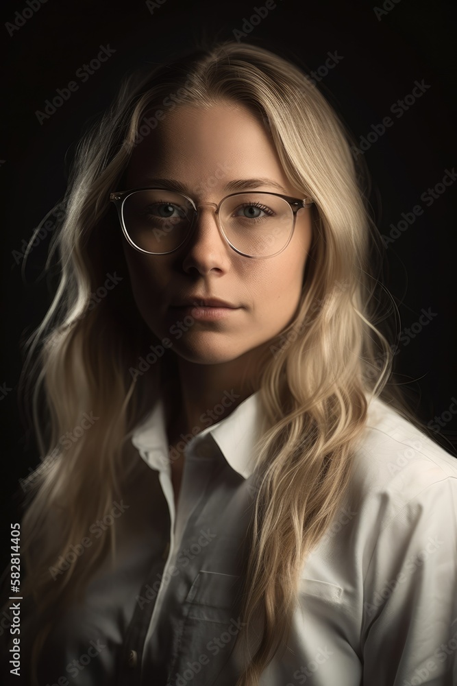 Attractive Young woman using eyeglasses wearing a white shirt looking at the camera. Generative AI Attractive Young woman using eyeglasses wearing a white shirt looking at the camera. Generative AI