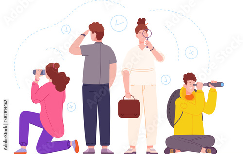 Searching new horizons. People with telescope or binocular looking far horizon, woman watch future investment, businessman finding broaden opportunity, splendid vector illustration