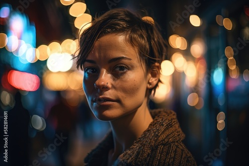 Stylish attractive young woman looking at the camera at night in the street	