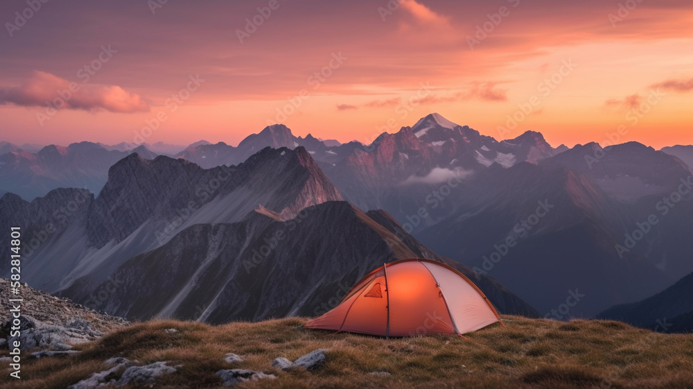 Wild camping on top of the mountains, sunset view