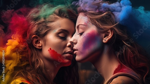 attractive young lesbians embracing amidst colorful smoke. Generative AI  © Adriana