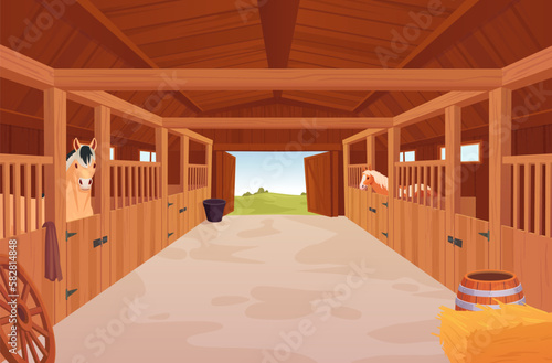 Horses stable. Cartoon barn inside interior, shed with wooden enclosures for purebred racing horse or livestock, indoor farmhouse ranch background, ingenious vector illustration