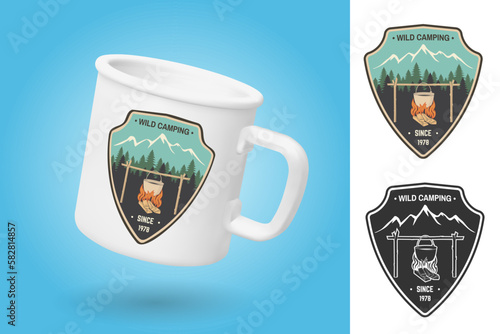 White camping cup. Realistic mug mockup template with sample design. Wild Camping patch. Vector. Vintage typography design with Camper tent, pot on the fire, and mountain silhouette