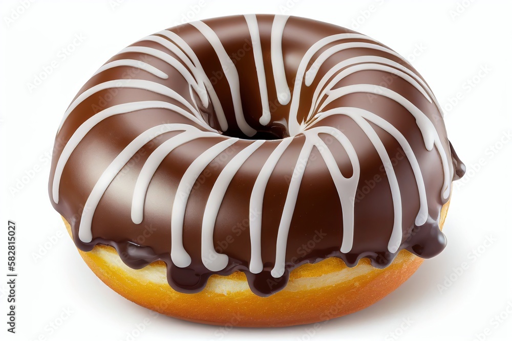 A chocolate donut with white stripes and chocolate icing. A chocolate donut with white stripes and chocolate icing.