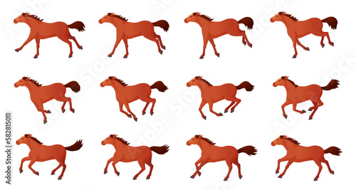 Horse animation. Cartoon horses running gait movements animate frames, walking or galloping race sequence cycle 2d motion run thoroughbred pet concept ingenious vector illustration