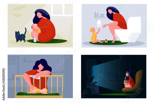 set of 4 pictures of a mother with a baby.