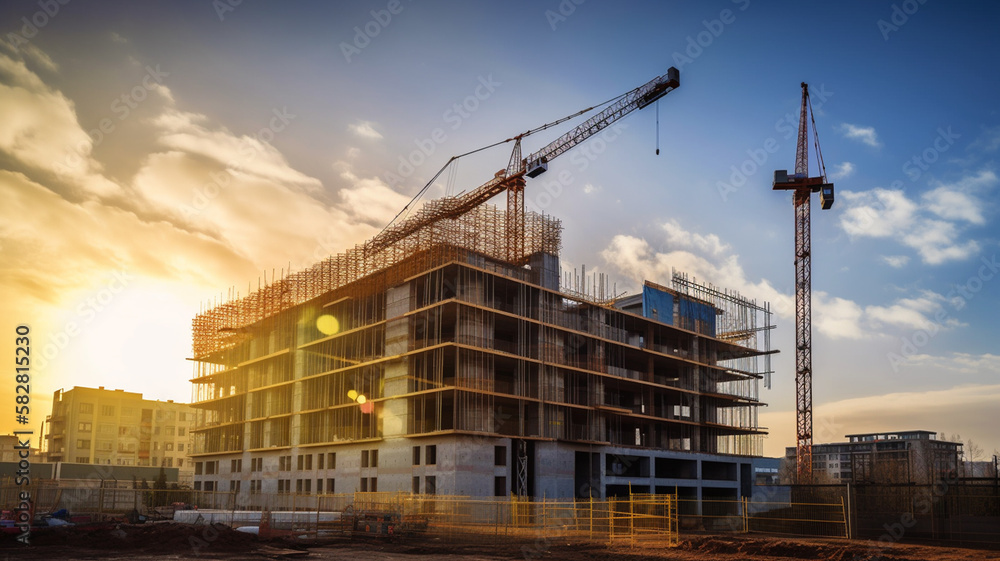 construction site and sunset , structural steel beam build large residential buildings - obrazy, fototapety, plakaty 