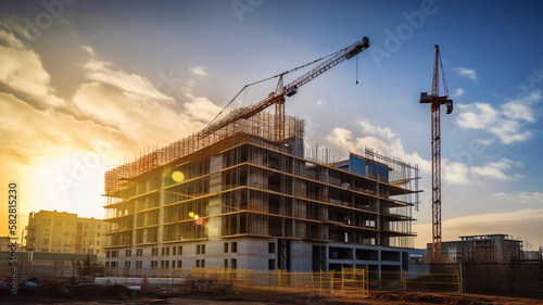 construction site and sunset , structural steel beam build large residential buildings photo