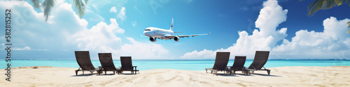 Turquoise sea  sun loungers  White sand and palm trees  Sun  very beautiful nature.the plane lands on the island. banner  copyspace .generative AI