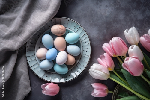 Painted blue and pink Easter eggs on a porcelain dish  linen towel and pink tulips on a concrete background. Exquisite Easter decor. Photorealistic illustration generated by AI.