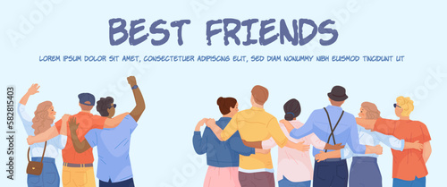 Hugging friends banner. Best friend web poster, group guys hugged people, students join to work or family union happy colleagues team friendship support concept vector illustration