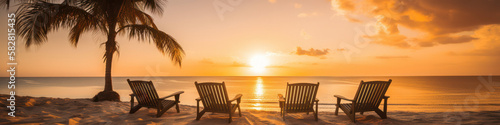 Turquoise sea, sun loungers, White sand and palm trees, sunset, very beautiful nature. banner, copyspace .generative AI